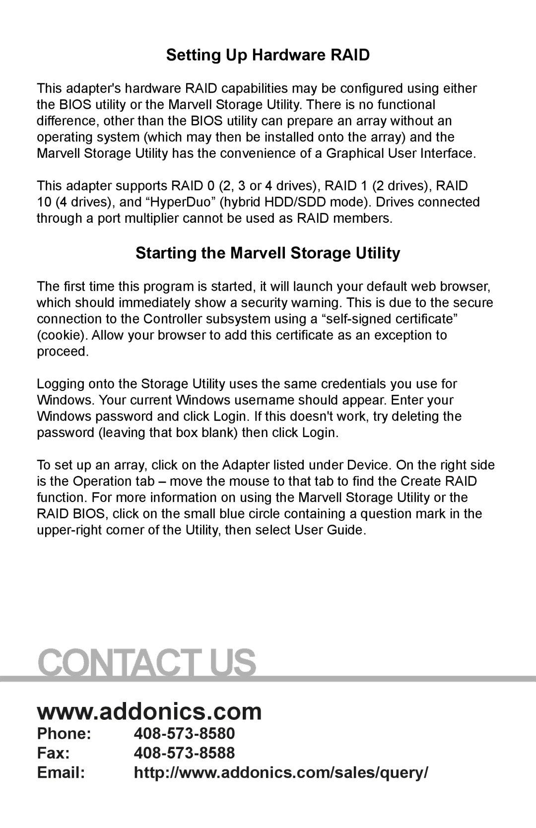 Addonics Technologies AD4SA6GPX2 manual Setting Up Hardware RAID, Starting the Marvell Storage Utility 