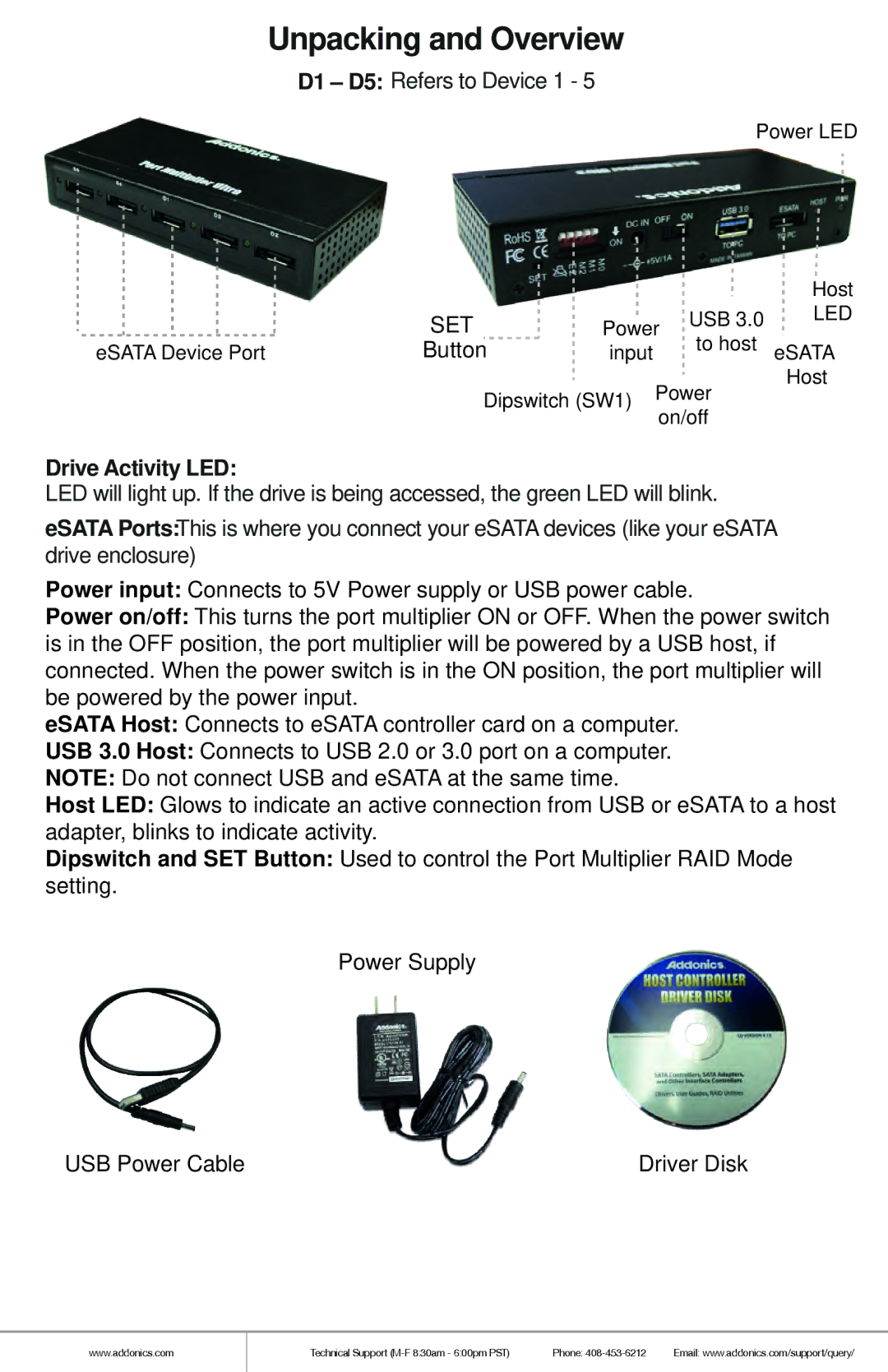 Addonics Technologies AD5EHPMEU3 manual Unpacking and Overview, Drive Activity LED 