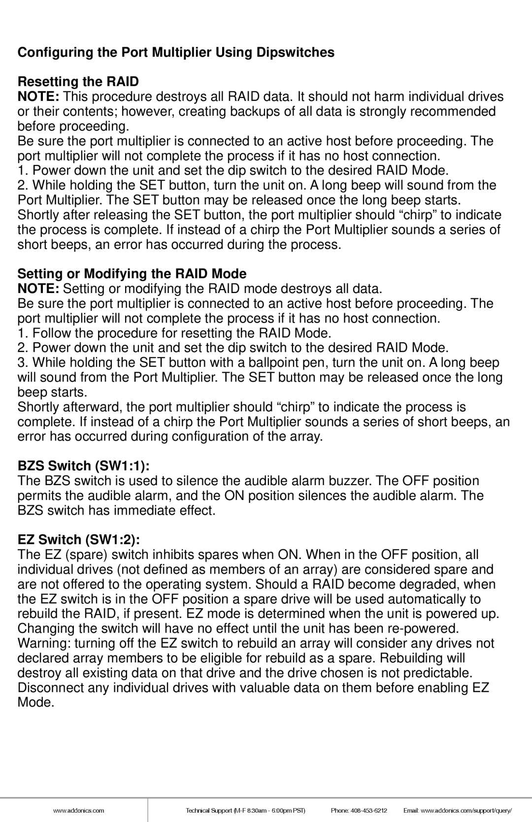 Addonics Technologies AD5EHPMEU3 manual Setting or Modifying the RAID Mode, BZS Switch SW11, EZ Switch SW12 