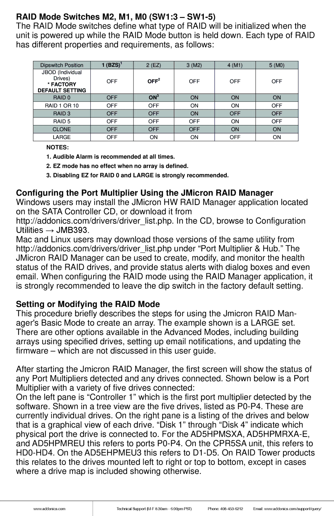 Addonics Technologies AD5EHPMEU3 manual RAID Mode Switches M2, M1, M0 SW13 SW1-5 