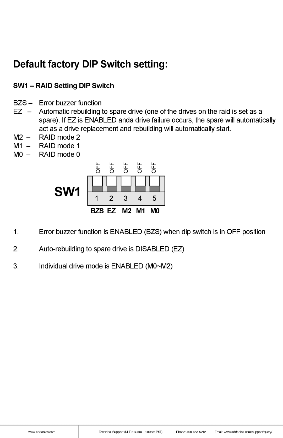 Addonics Technologies AD5HPMSXA manual Default factory DIP Switch setting, SW1 - RAID Setting DIP Switch, Bzs Ez, M2 M1 M0 