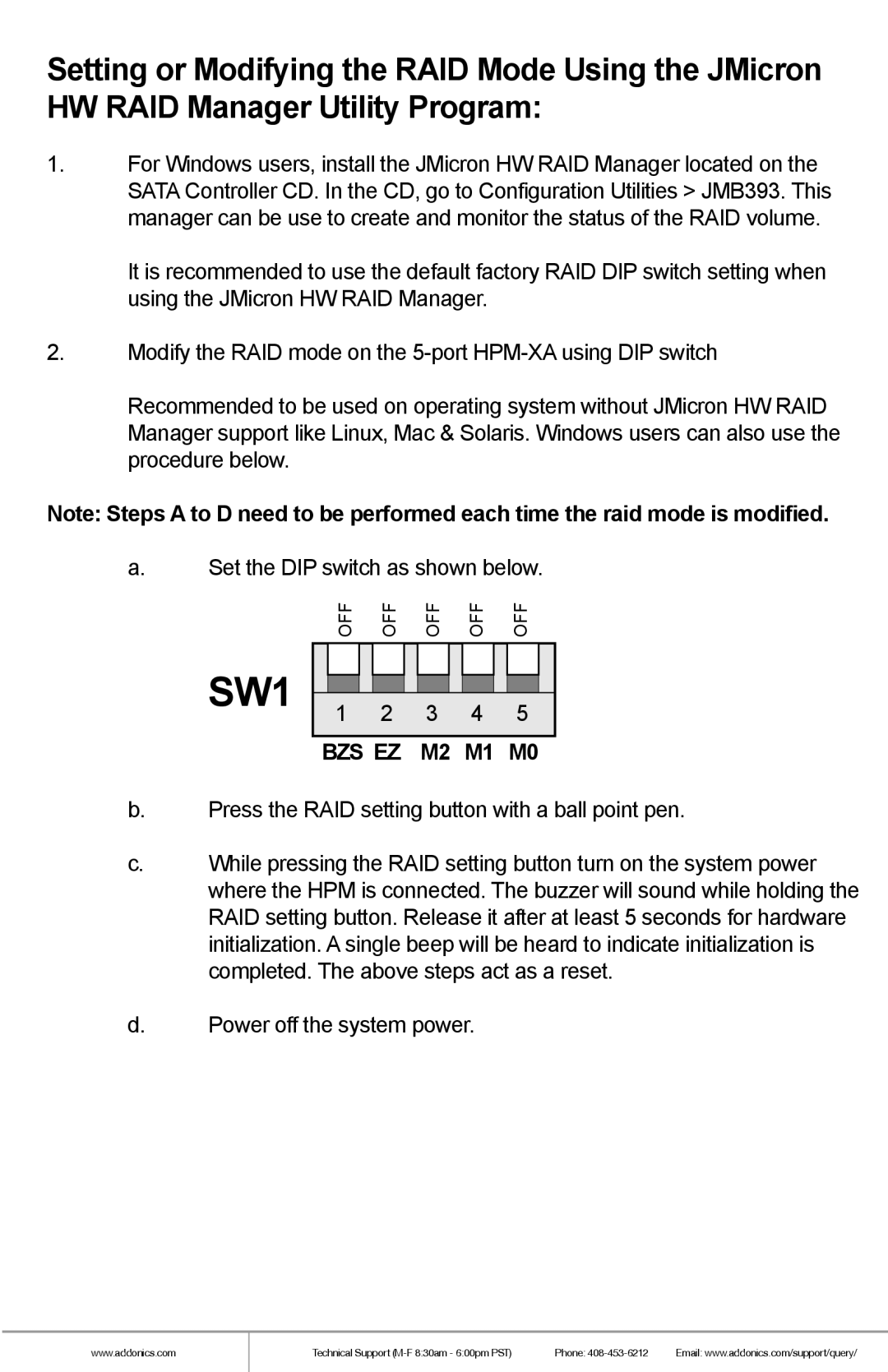 Addonics Technologies AD5HPMSXA manual Modify the RAID mode on the 5-port HPM-XA using DIP switch, Bzs Ez, M2 M1 M0 