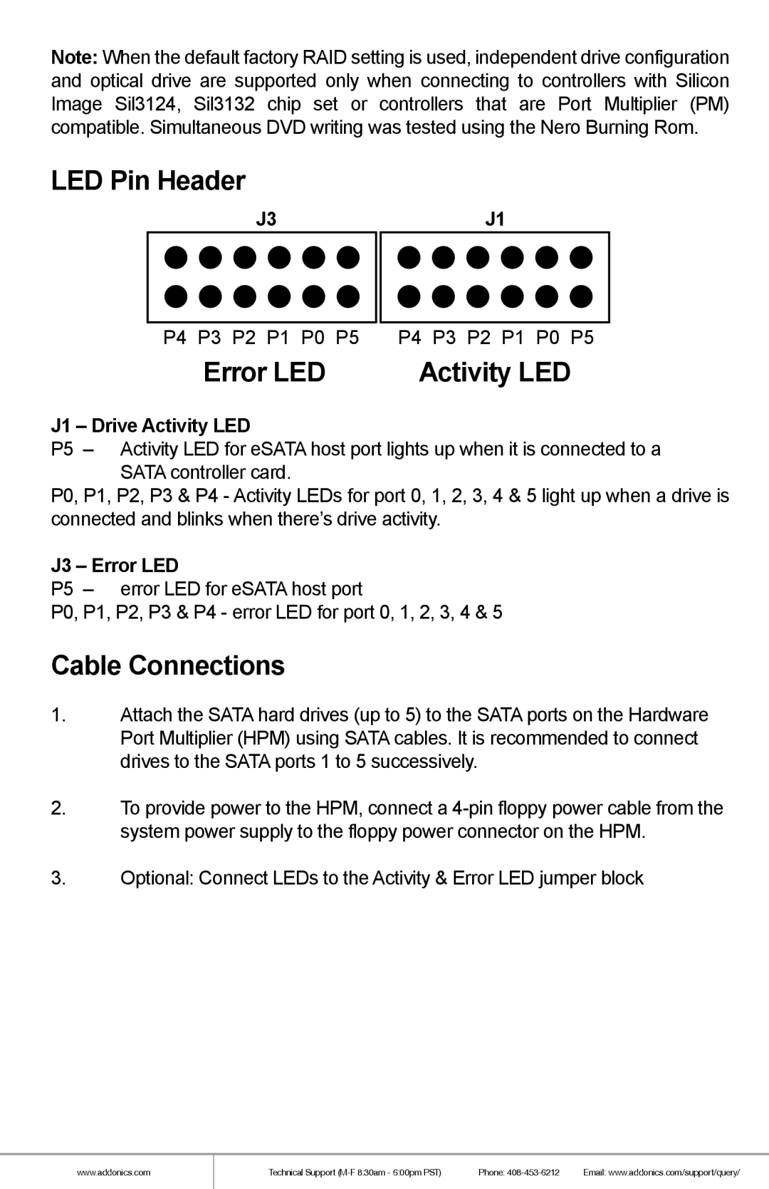 Addonics Technologies AD5HPMSXA manual LED Pin Header, Error LED, Activity LED, Cable Connections 