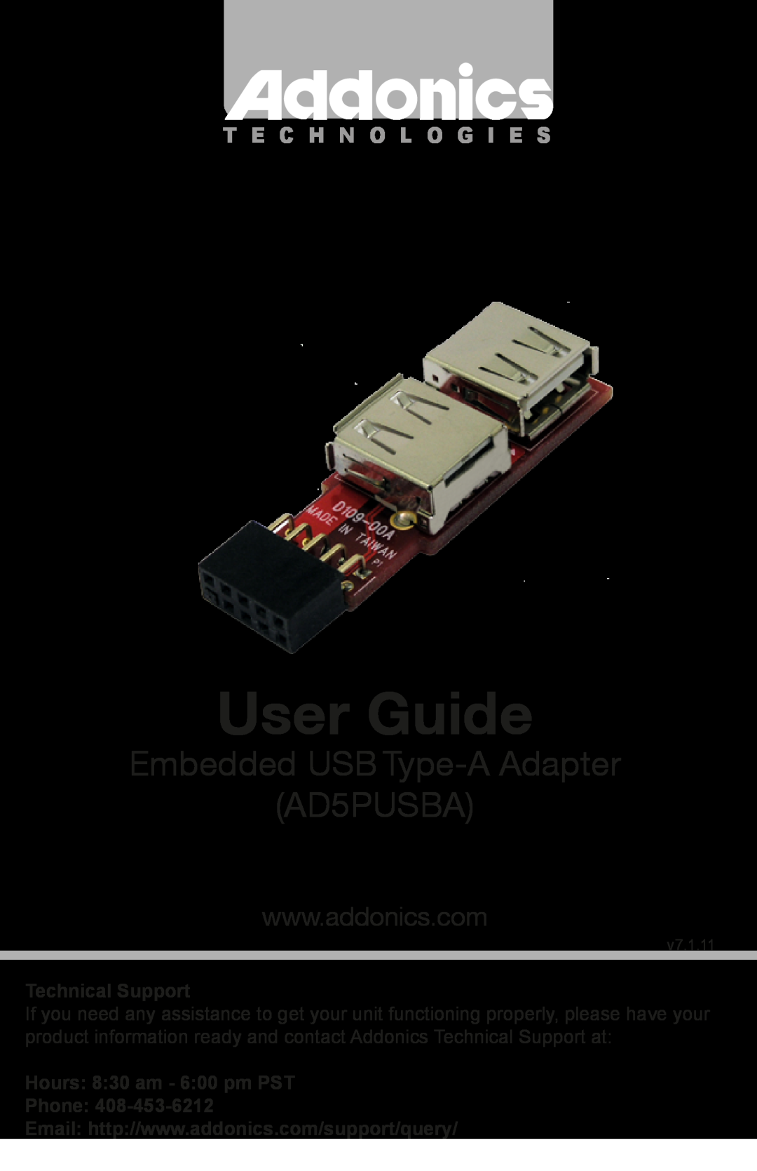 Addonics Technologies manual User Guide, Embedded USB Type-A Adapter AD5PUSBA, T E C H N O L O G I E S, v7.1.11 