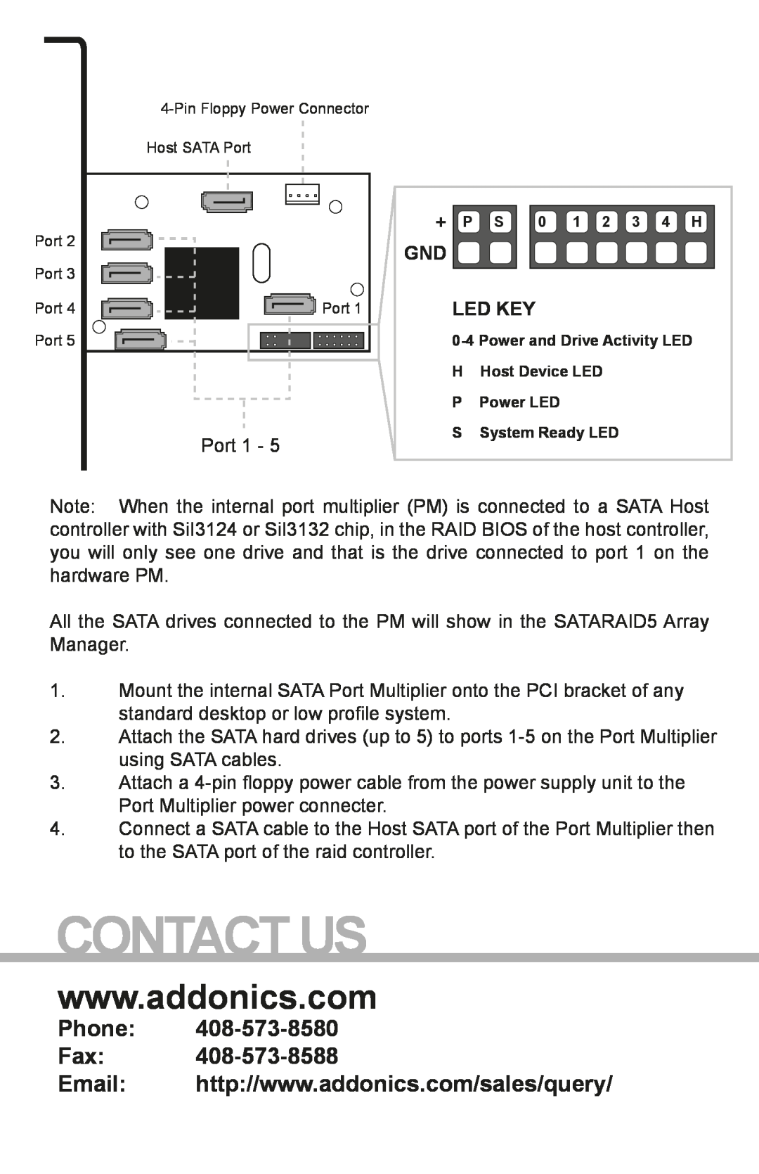 Addonics Technologies AD5SAPM manual Gnd Led Key, Contact Us, Phone Fax 