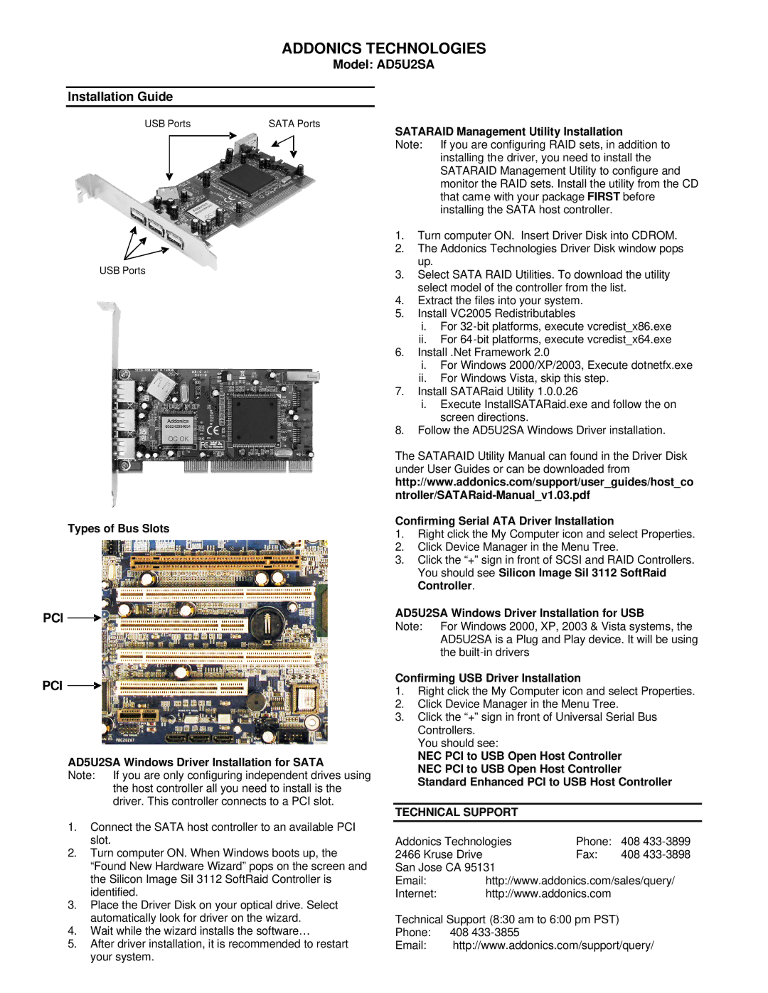 Addonics Technologies AD5U2SA manual Addonics Technologies, Pci, Technical Support 