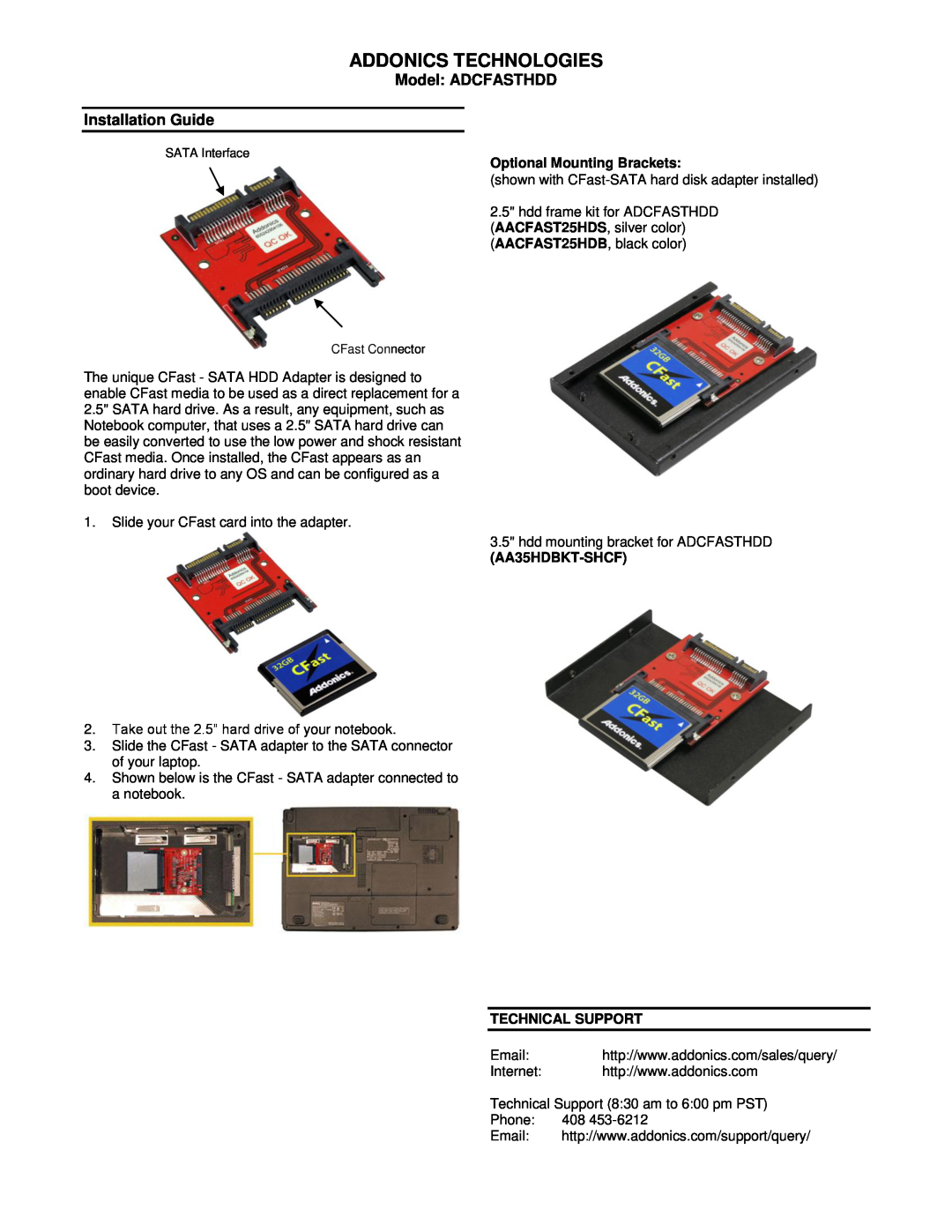 Addonics Technologies manual Addonics Technologies, Model ADCFASTHDD Installation Guide, Optional Mounting Brackets 