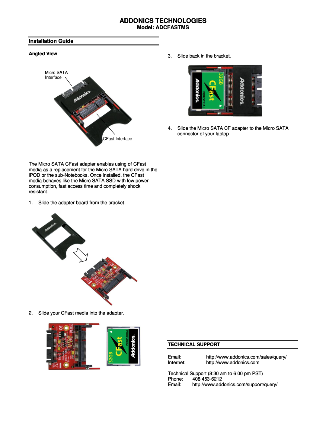 Addonics Technologies manual Addonics Technologies, Model ADCFASTMS Installation Guide, Angled View, Technical Support 