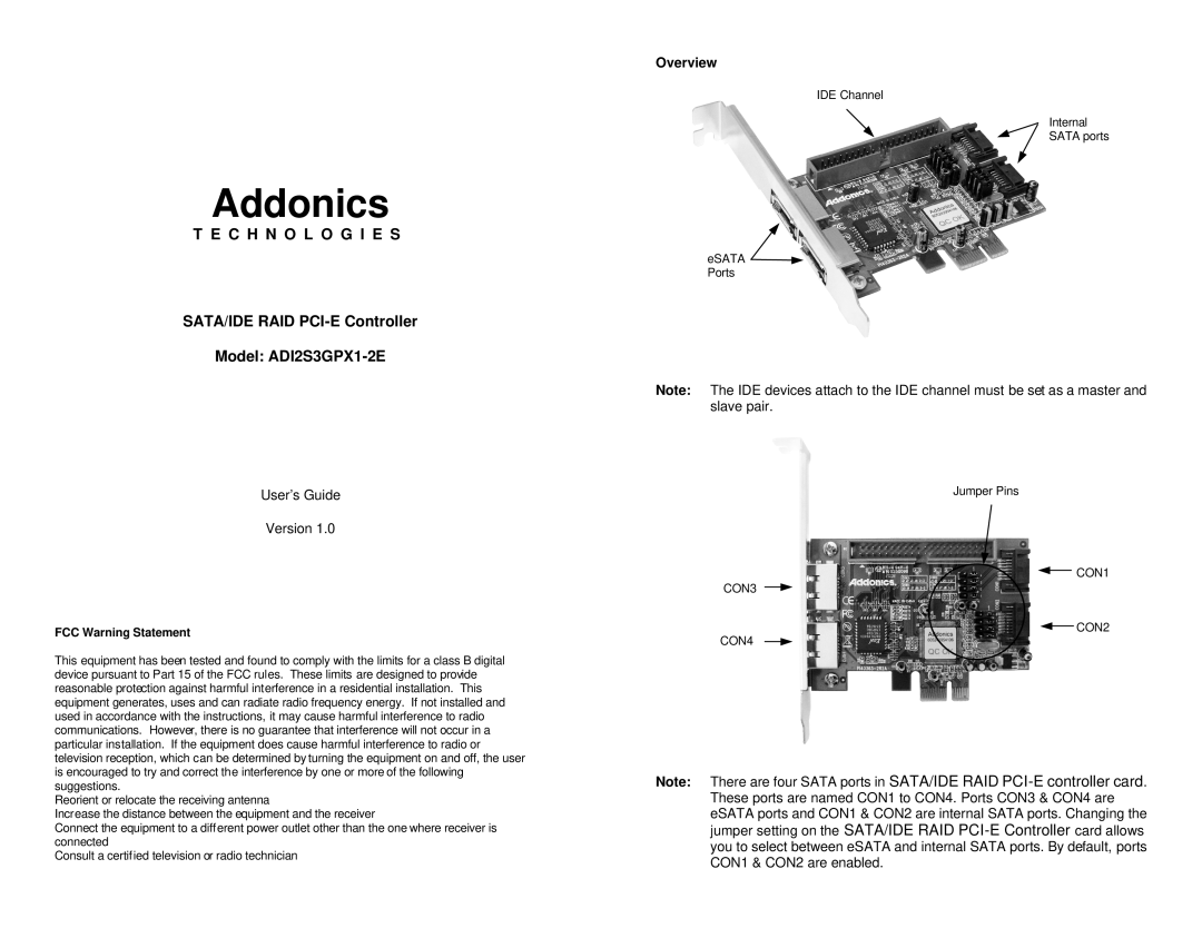 Addonics Technologies manual SATA/IDE RAID PCI-E Controller Model ADI2S3GPX1-2E, Overview 