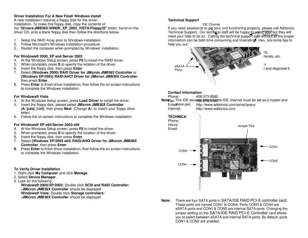 Addonics Technologies ADI2S3GPX1-2E manual For Windows 2000, XP and Server, For Windows Vista, For Windows XP-x64/Server 