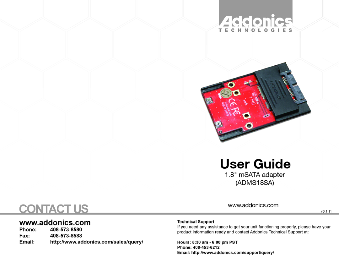 Addonics Technologies ADMS18SA manual User Guide, Contact US, Phone, Fax 