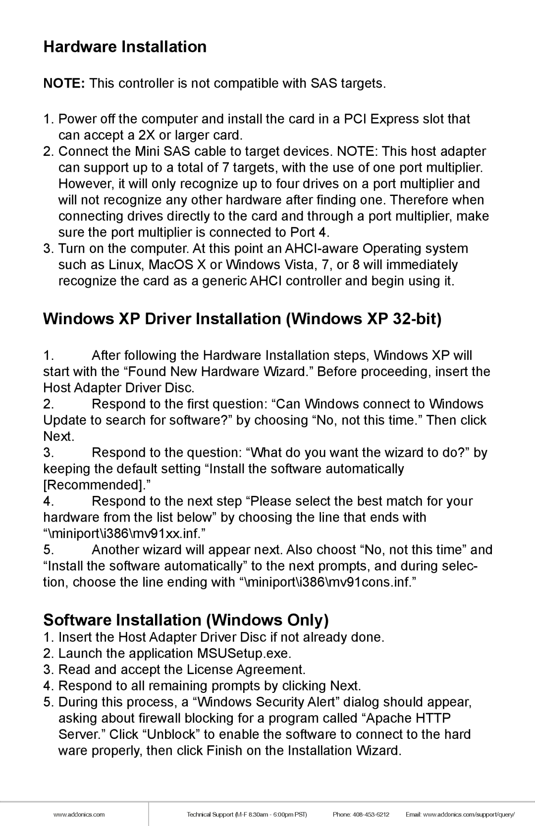 Addonics Technologies ADMS6GPX2-E manual Hardware Installation, Windows XP Driver Installation Windows XP 32-bit 