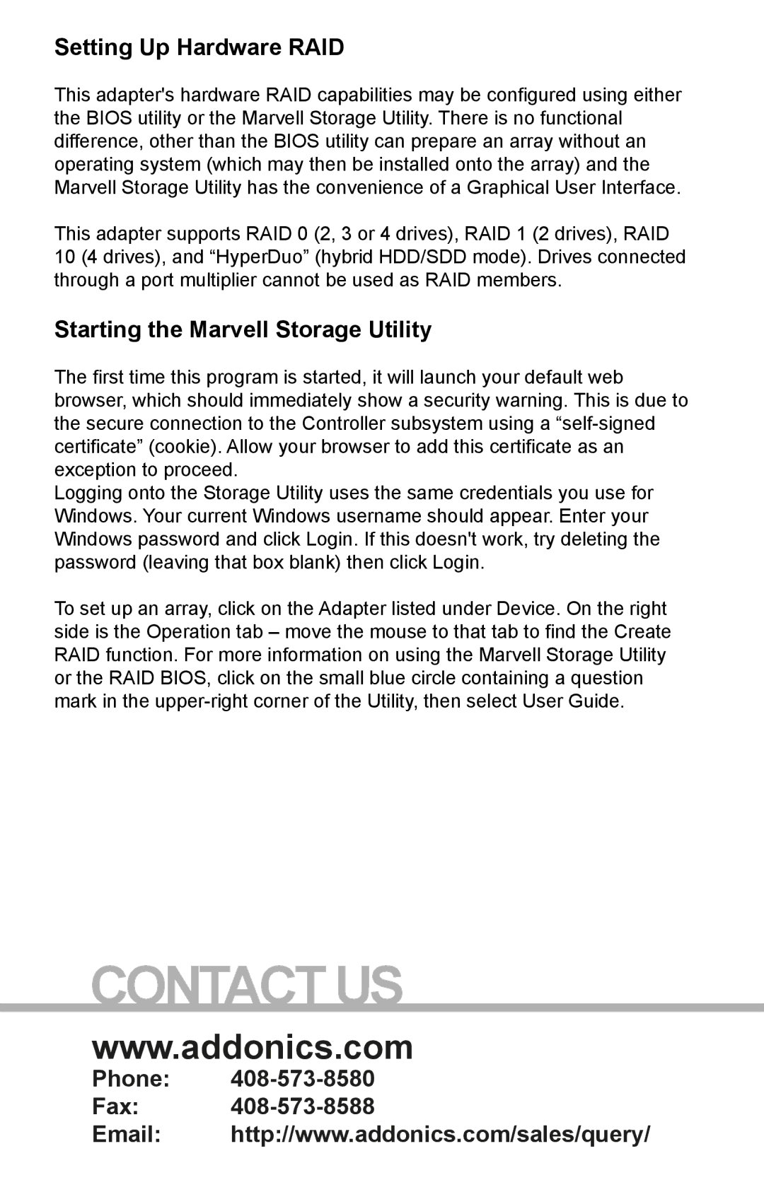 Addonics Technologies ADMS6GPX2-E manual Setting Up Hardware RAID, Starting the Marvell Storage Utility 