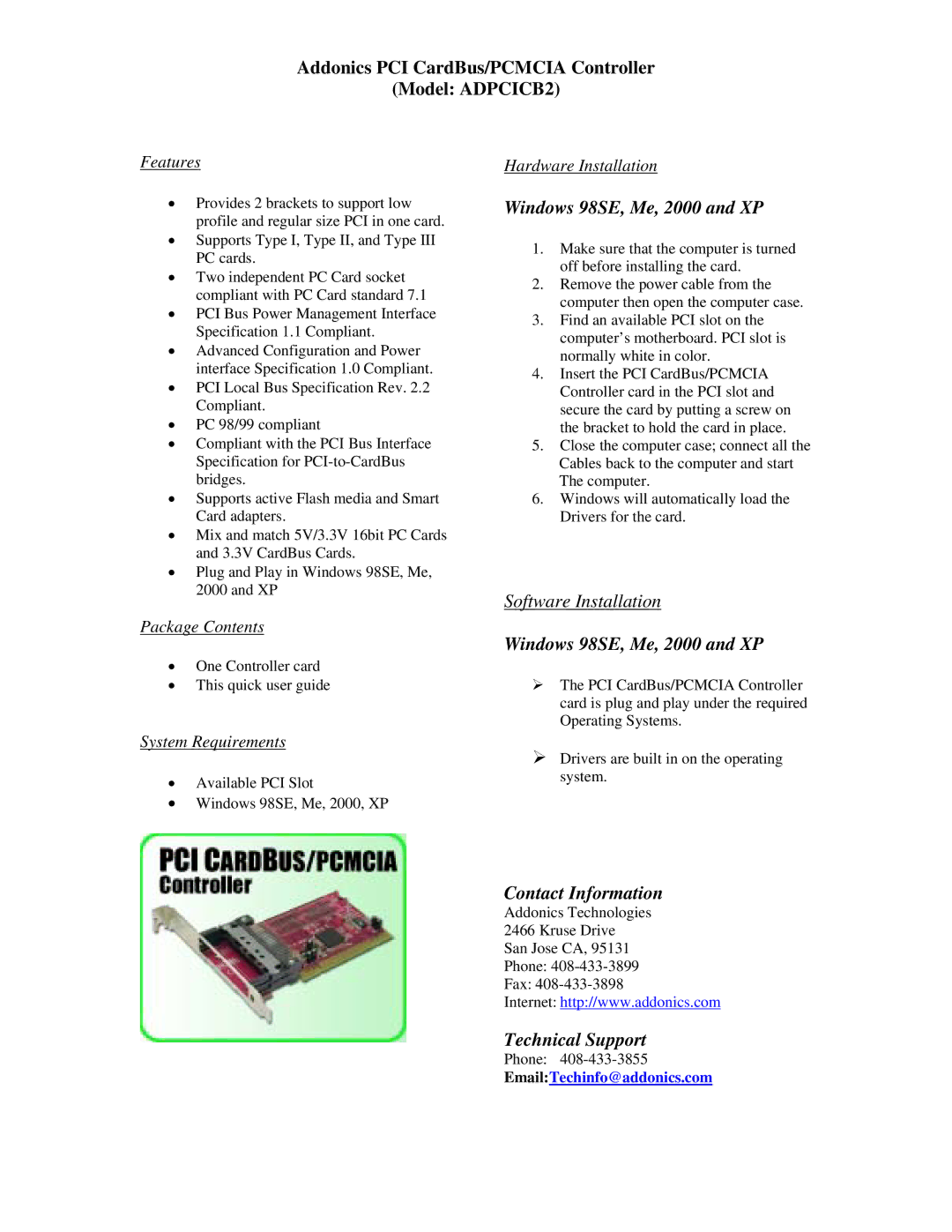Addonics Technologies manual Addonics PCI CardBus/PCMCIA Controller Model ADPCICB2, Windows 98SE, Me, 2000 and XP 