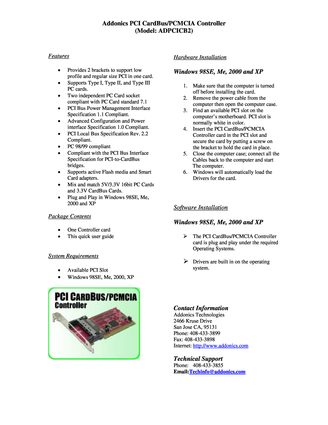 Addonics Technologies manual Addonics PCI CardBus/PCMCIA Controller Model ADPCICB2, Windows 98SE, Me, 2000 and XP 