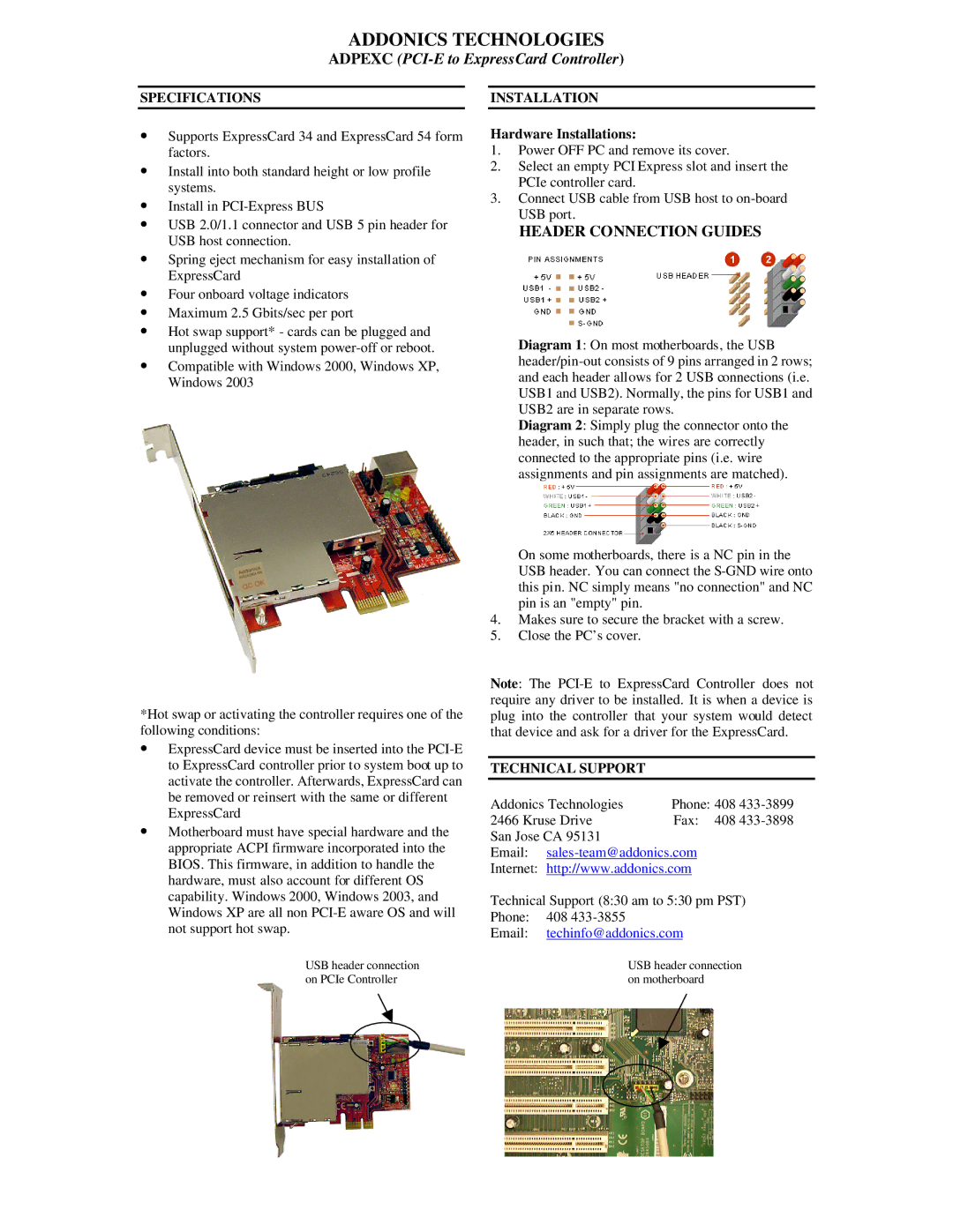 Addonics Technologies ADPEXC specifications Addonics Technologies, Adpexc PCI-E to ExpressCard Controller 