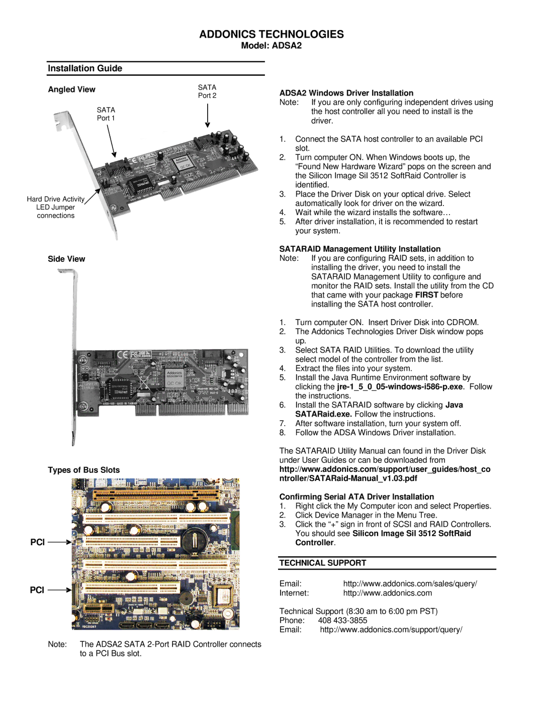 Addonics Technologies manual Addonics Technologies, Model ADSA2 Installation Guide, Pci 