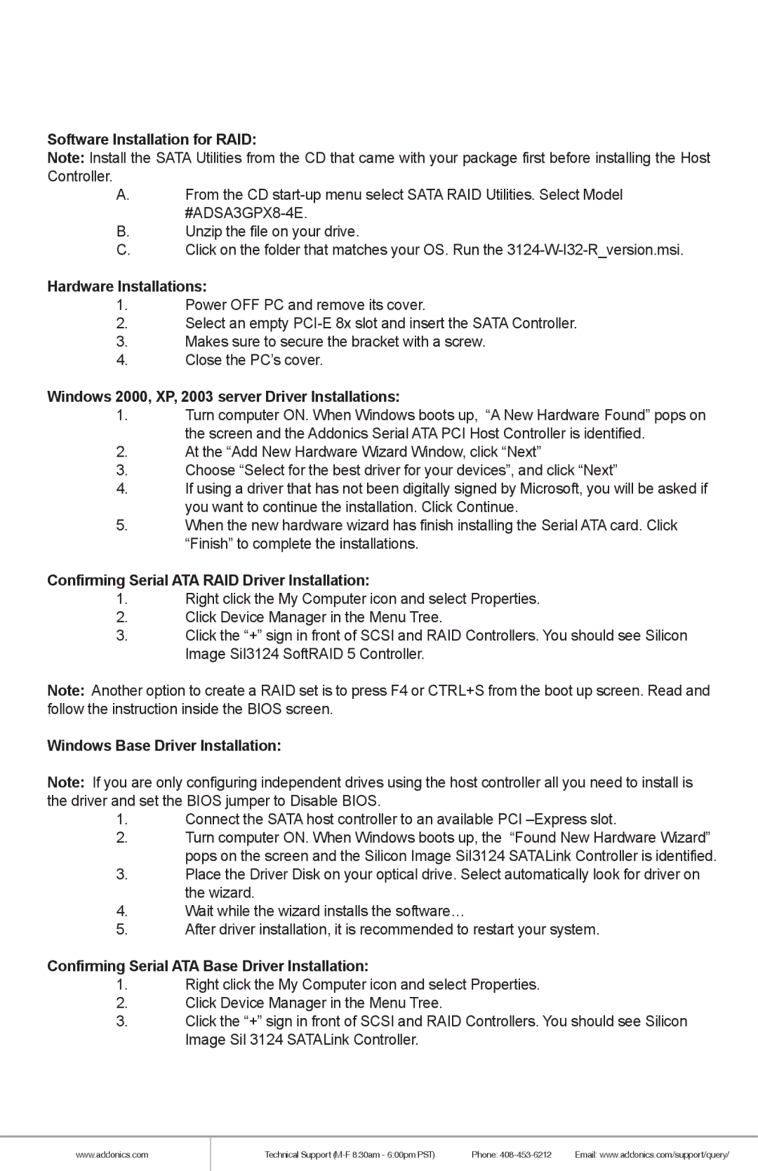 Addonics Technologies ADSA3GPX8-4E manual Software Installation for RAID, Hardware Installations 
