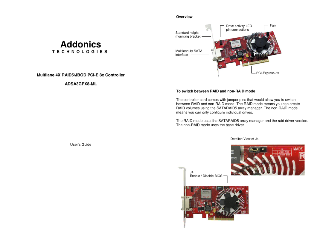 Addonics Technologies ADSA3GPX8-ML manual Overview, To switch between RAID and non-RAID mode 