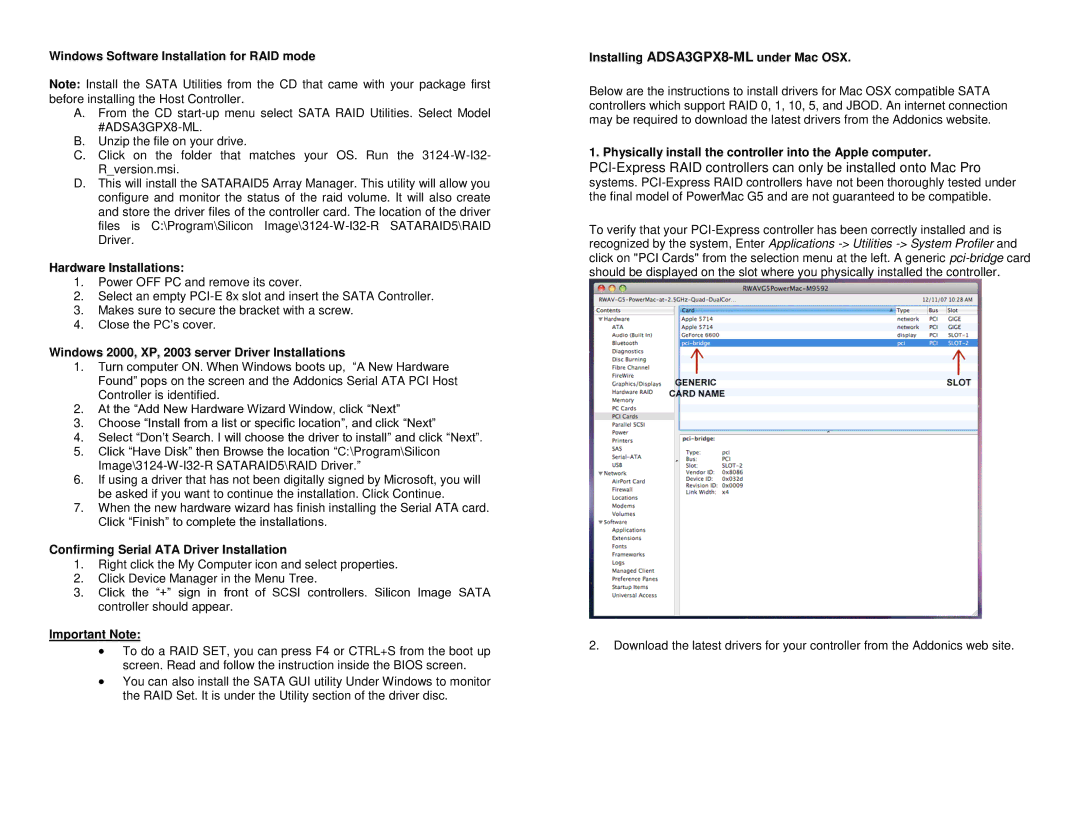 Addonics Technologies ADSA3GPX8-ML Windows Software Installation for RAID mode, Hardware Installations, Important Note 