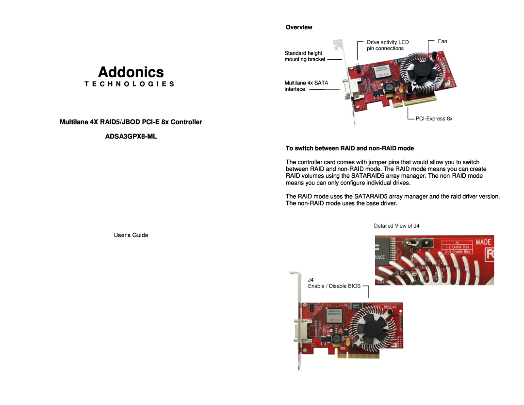 Addonics Technologies ADSA3GPX8-ML manual Overview, To switch between RAID and non-RAID mode, Addonics 