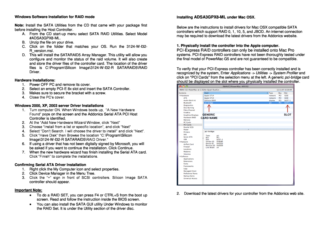Addonics Technologies ADSA3GPX8-ML Windows Software Installation for RAID mode, Hardware Installations, Important Note 
