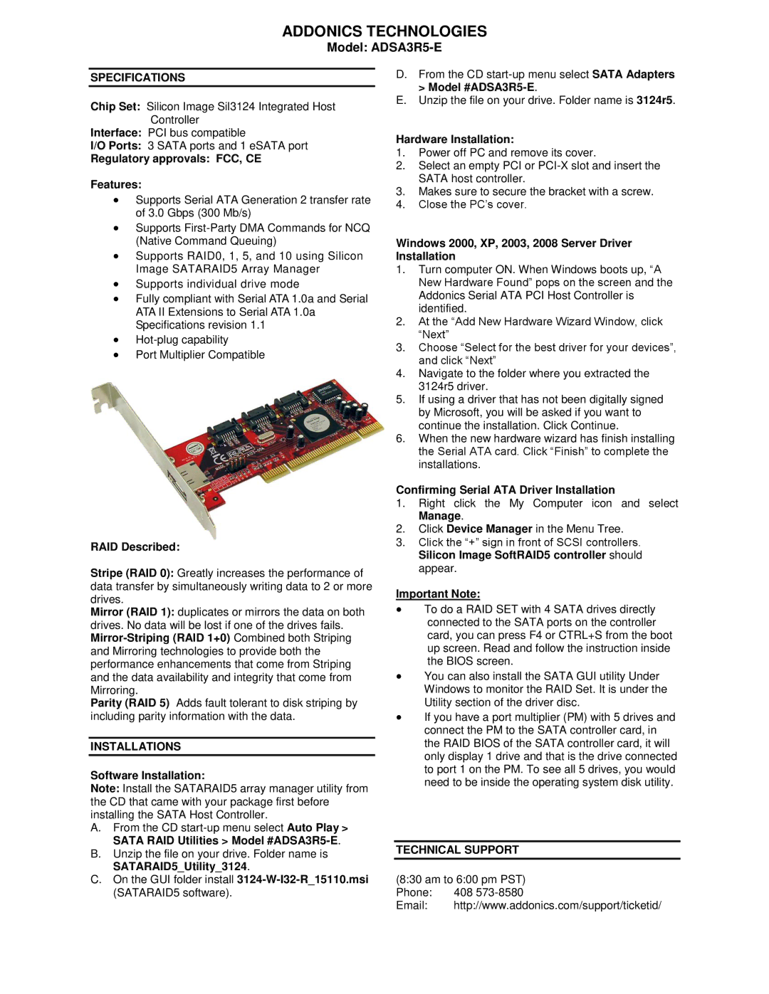 Addonics Technologies ADSA3R5-E specifications Specifications, Installations, Technical Support 