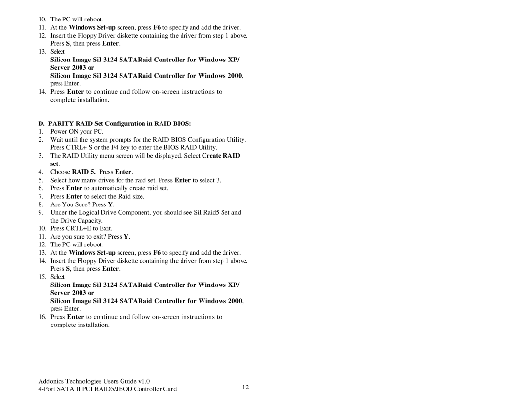 Addonics Technologies ADSA4R5 manual Parity RAID Set Configuration in RAID Bios 