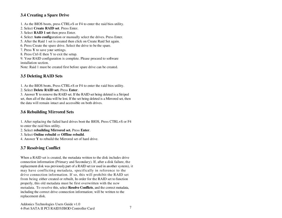 Addonics Technologies ADSA4R5 Creating a Spare Drive, Deleting RAID Sets, Rebuilding Mirrored Sets, Resolving Conflict 