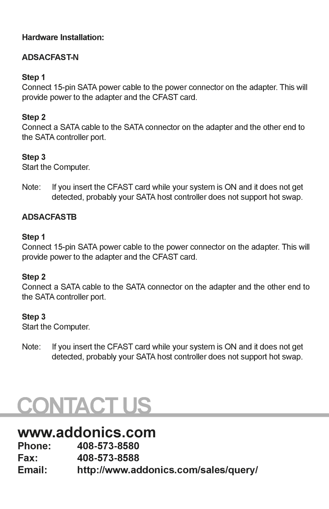 Addonics Technologies ADSACFAST-N, ADSACFASTB manual Hardware Installation, Adsacfast-N, Step, Adsacfastb 