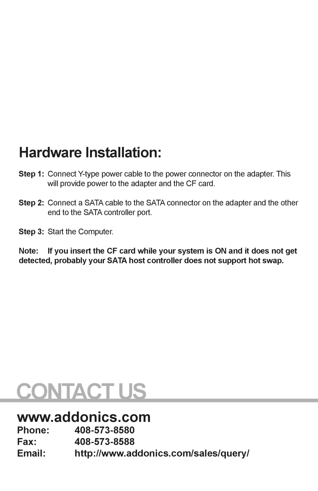 Addonics Technologies ADSACFB, ADSACFW, ADSACF-7M, ADSACF-N manual Hardware Installation, Phone Fax 