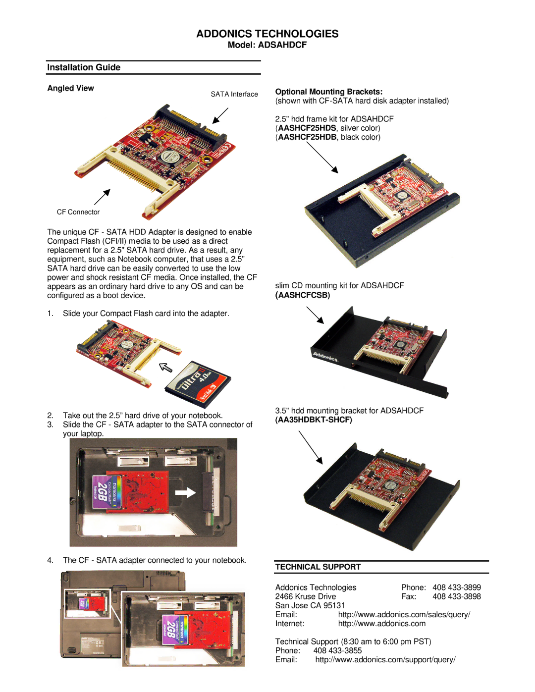 Addonics Technologies ADSAHDCF manual Addonics Technologies, Model Adsahdcf Installation Guide, Aashcfcsb 