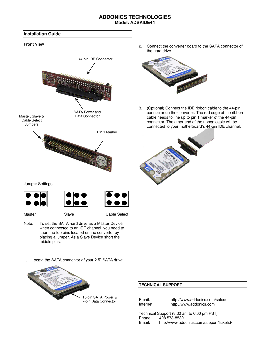 Addonics Technologies manual Addonics Technologies, Model ADSAIDE44 Installation Guide, Front View 