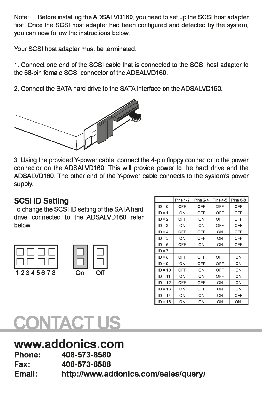 Addonics Technologies ADSALVD160 manual Contact Us, SCSI ID Setting, Phone Fax 