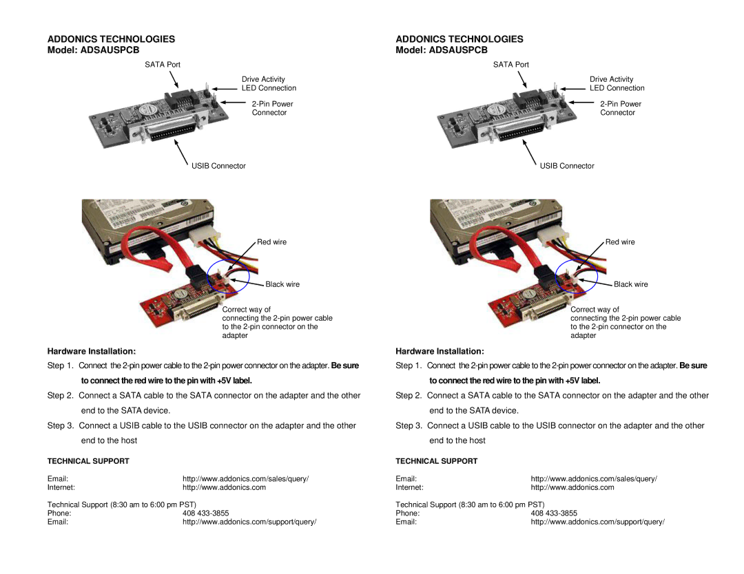 Addonics Technologies ADSAUSPCB manual Addonics Technologies, Model Adsauspcb, Hardware Installation 