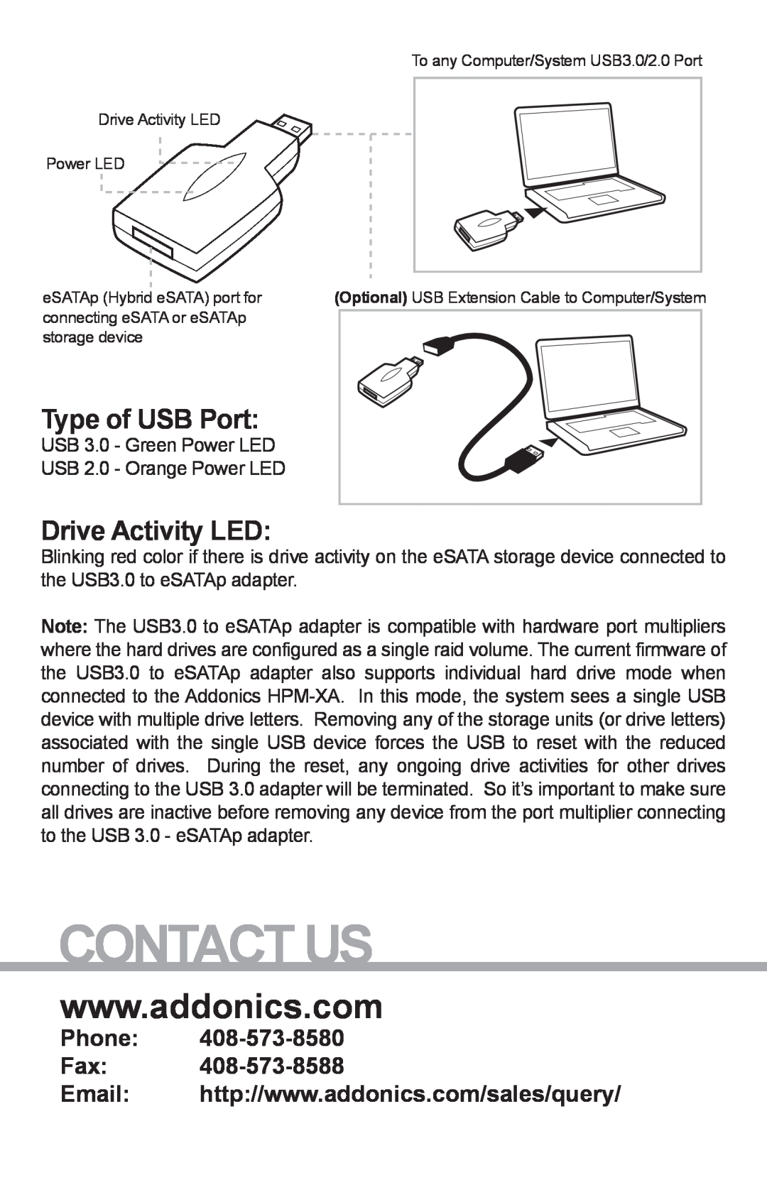 Addonics Technologies ADU3ESA manual Contact Us, Type of USB Port, Drive Activity LED, Phone Fax 
