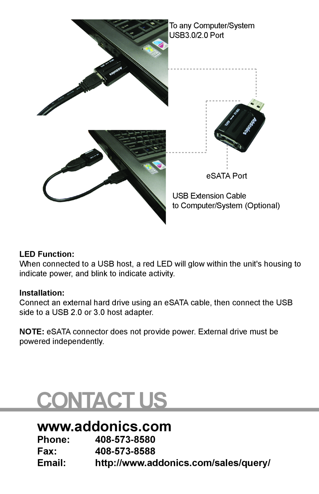 Addonics Technologies ADU3ESAM manual LED Function, Installation, Contact Us, Phone Fax 