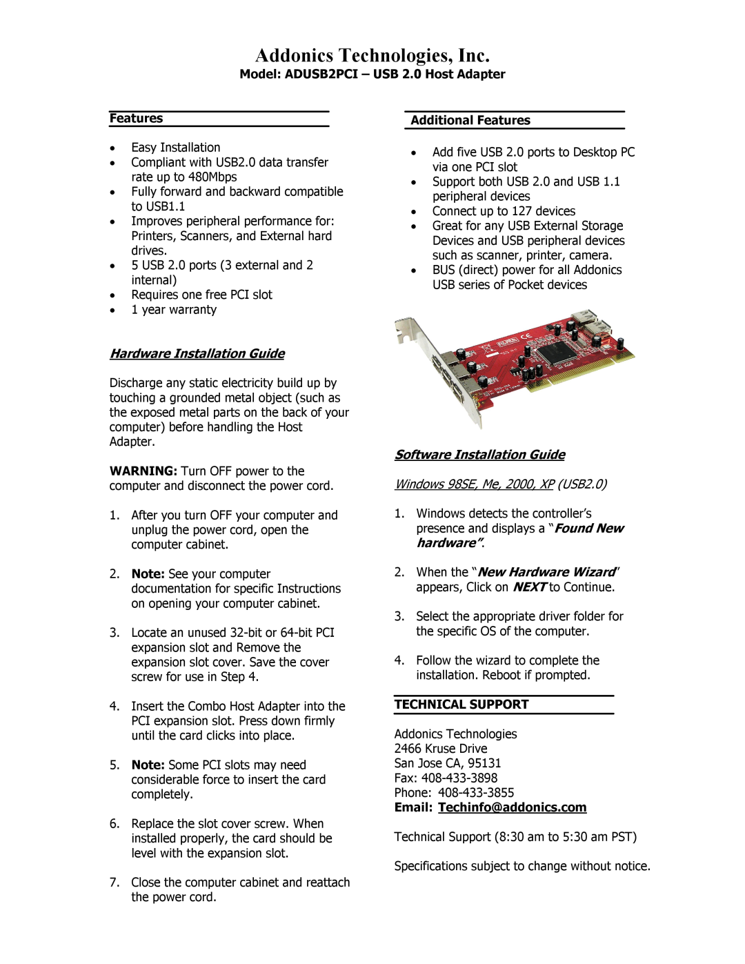 Addonics Technologies warranty Addonics Technologies, Inc, Model ADUSB2PCI - USB 2.0 Host Adapter, Features 