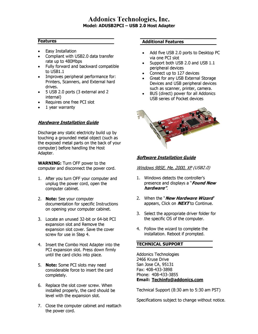 Addonics Technologies ADUSB2PCI warranty Addonics Technologies, Inc, Hardware Installation Guide, Technical Support 