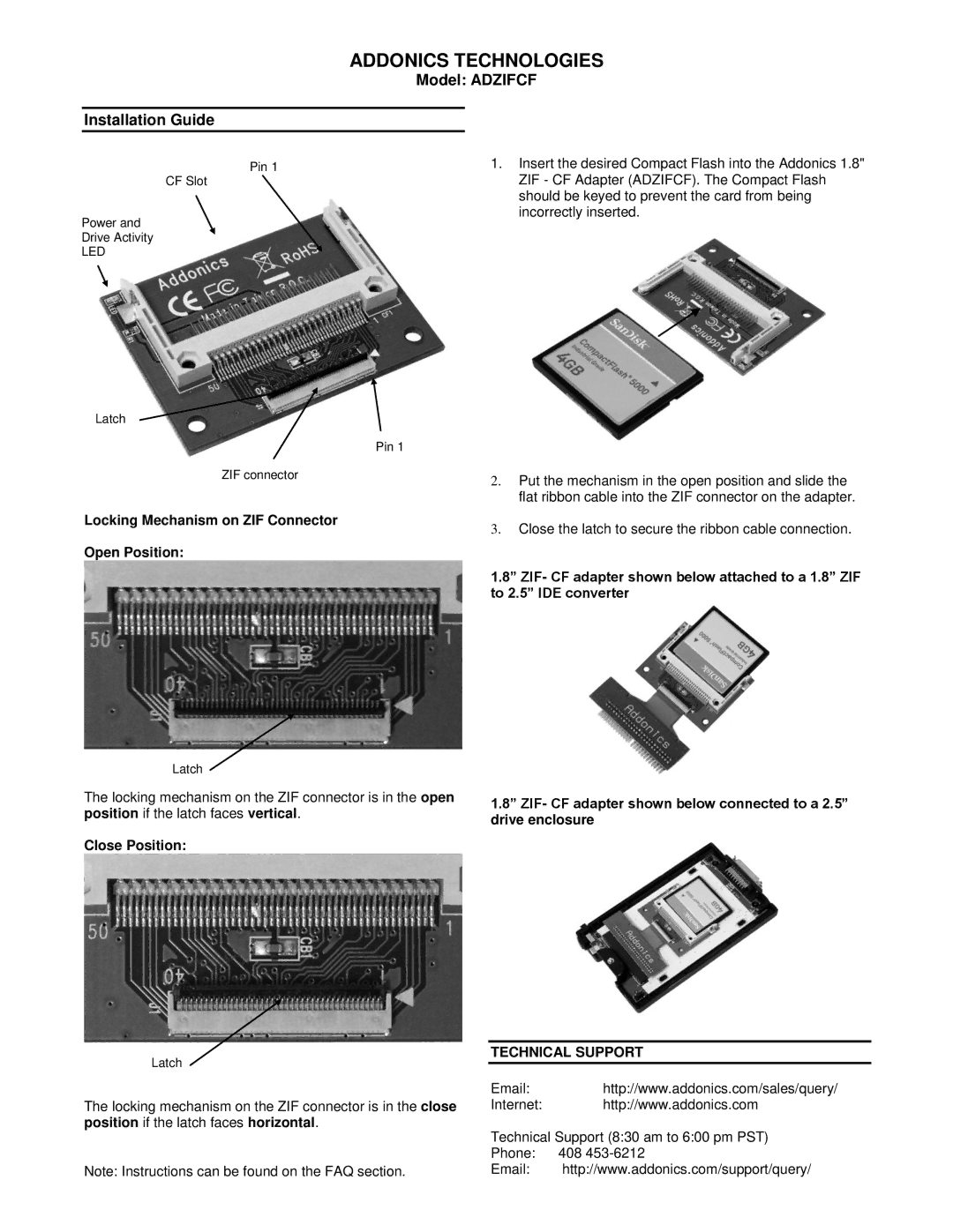 Addonics Technologies ADZIFCF manual Addonics Technologies, Model Adzifcf Installation Guide, Close Position 
