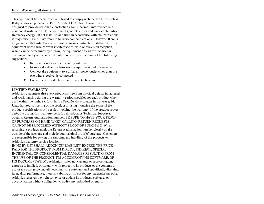 Addonics Technologies AE5RCS35NSAW manual FCC Warning Statement, Limited Warranty 