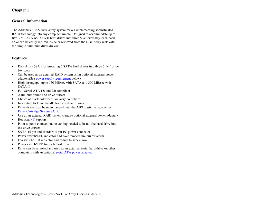 Addonics Technologies AE5RCS35NSAW manual Chapter General Information, Features 