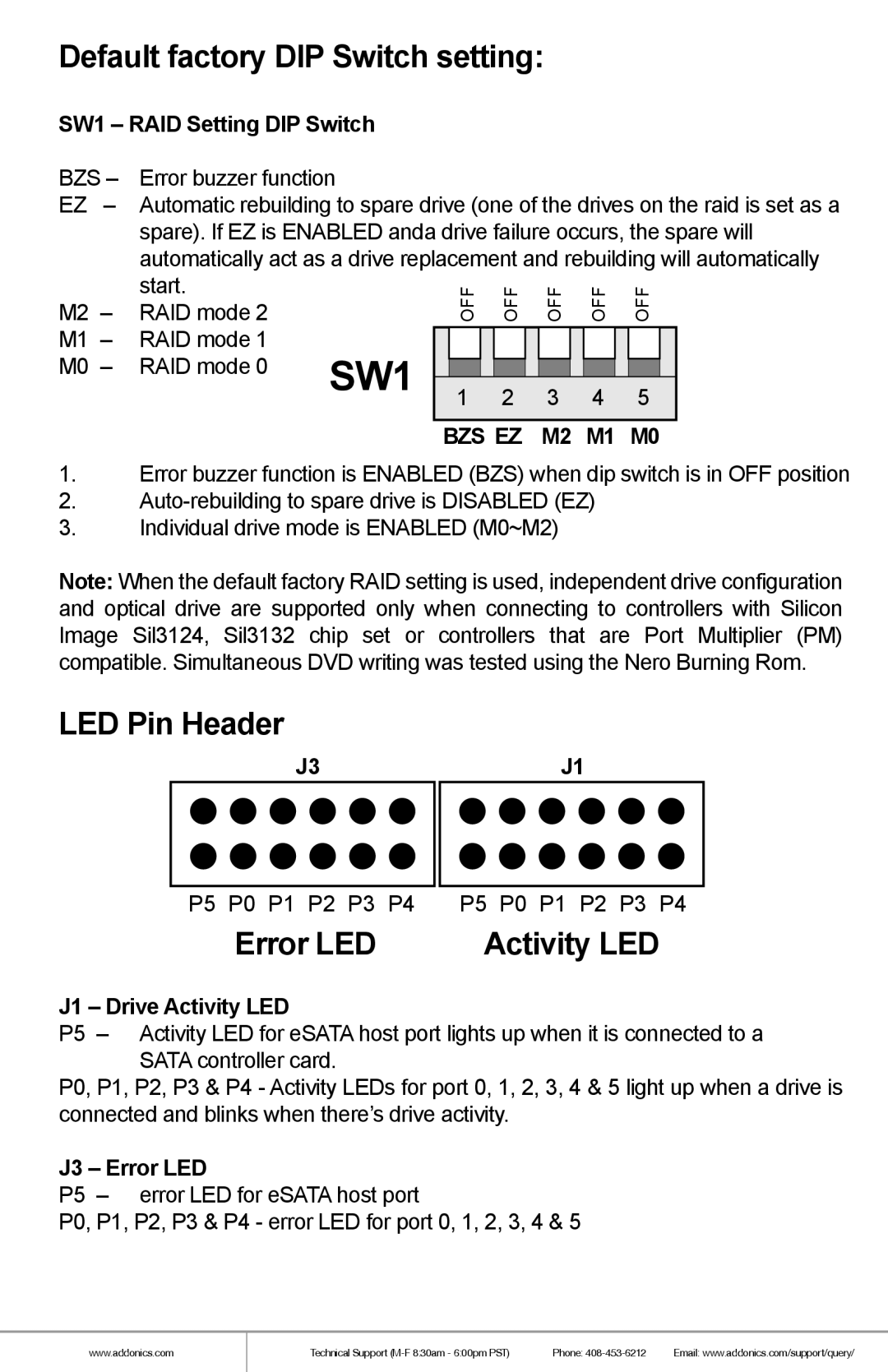 Addonics Technologies AE6CFHI Default factory DIP Switch setting, LED Pin Header, Error LED, Activity LED, BZS EZ M2 M1 M0 