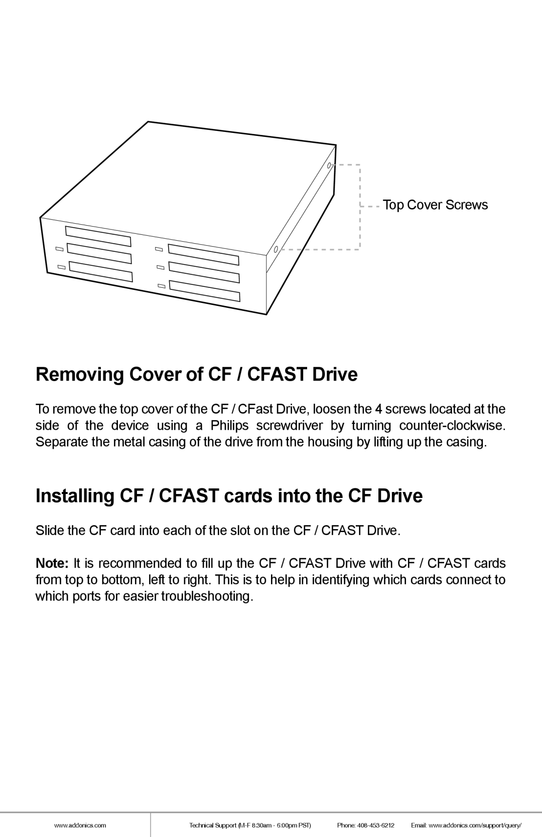 Addonics Technologies AE6CFHI, AE6CAHI Removing Cover of CF / CFAST Drive, Installing CF / CFAST cards into the CF Drive 