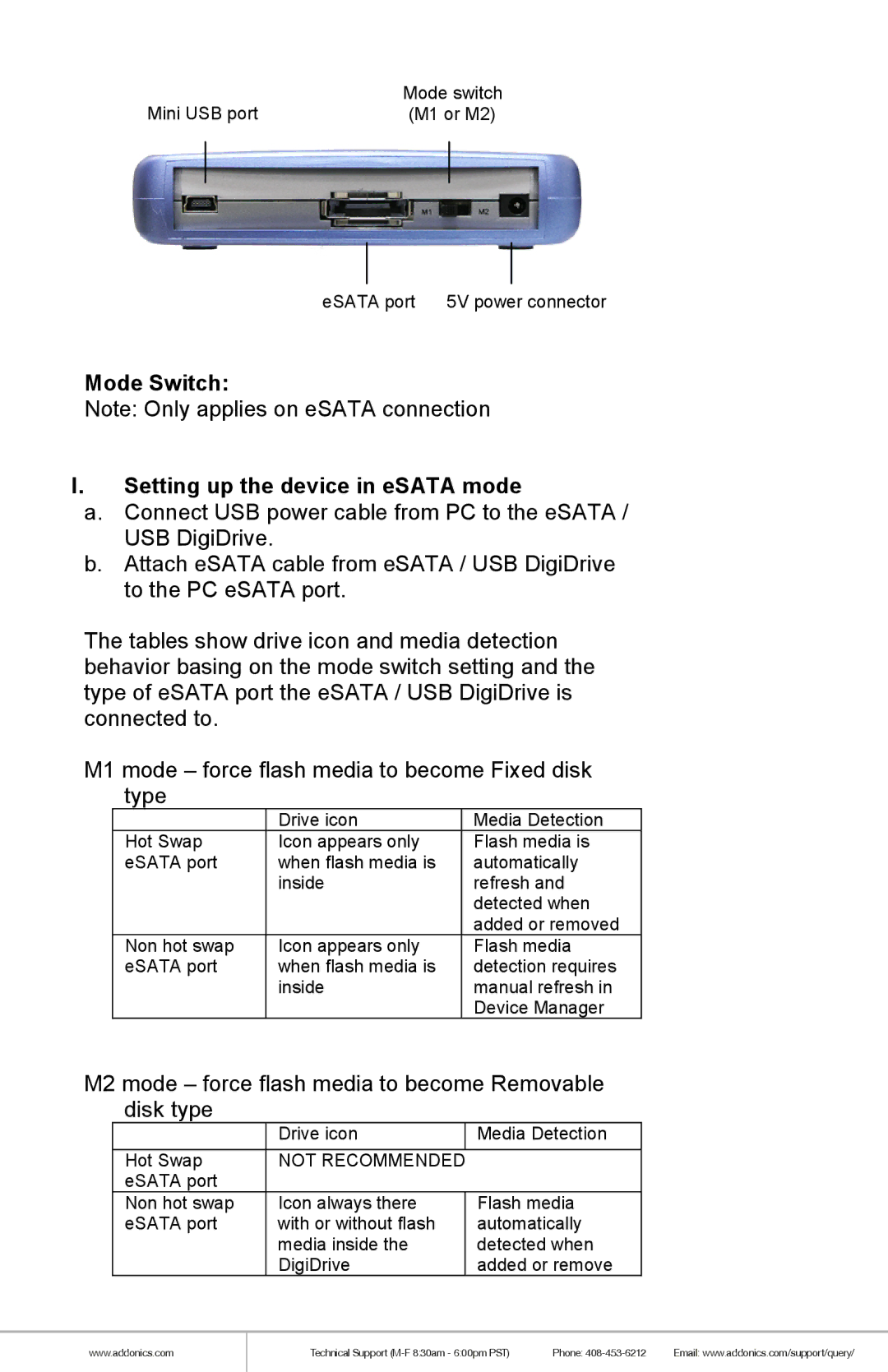 Addonics Technologies AEPDDESUWP-X manual Mode Switch Setting up the device in eSATA mode 