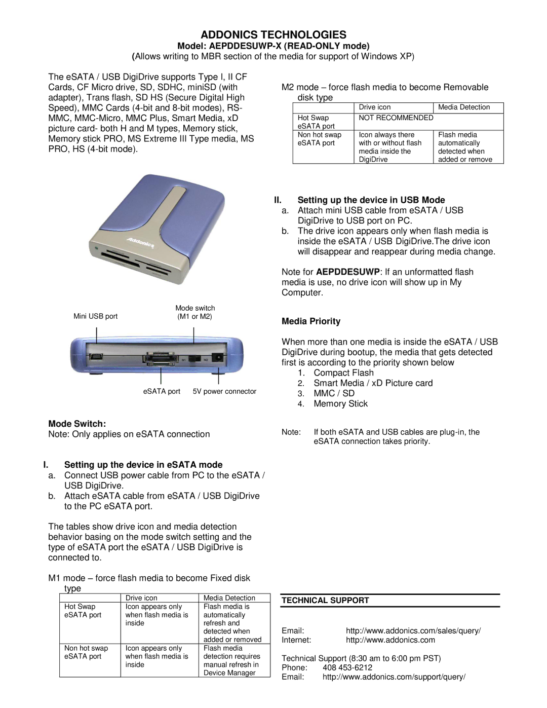 Addonics Technologies manual Addonics Technologies, Model AEPDDESUWP-X READ-ONLY mode, Media Priority 