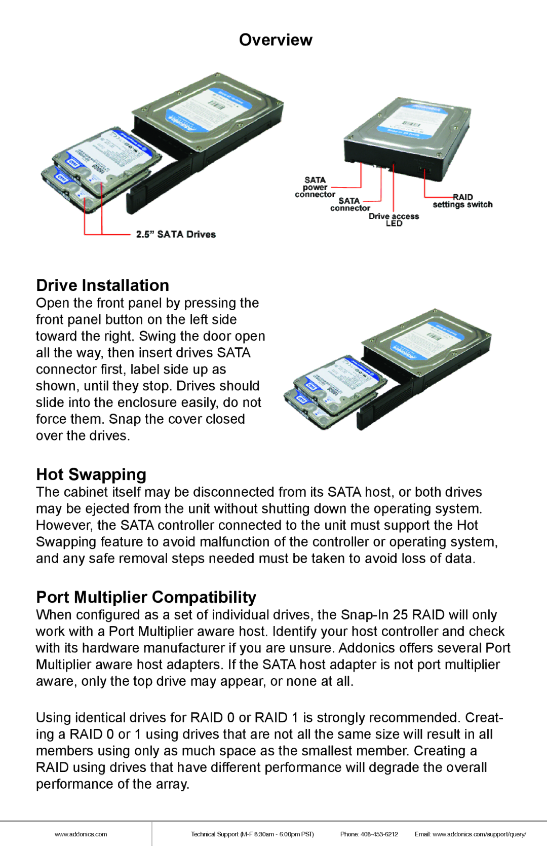 Addonics Technologies AERD25SN35 manual Overview Drive Installation, Hot Swapping, Port Multiplier Compatibility 