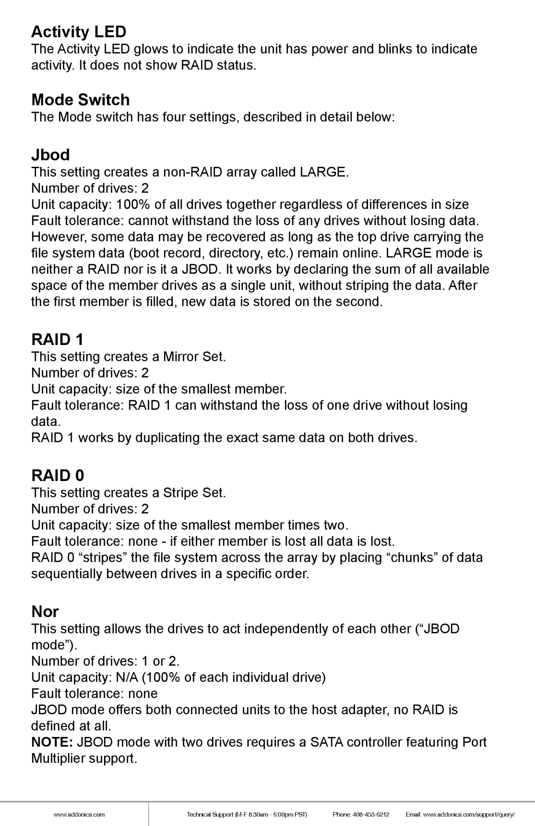 Addonics Technologies AERD25SN35 manual Activity LED, Mode Switch, Jbod, Nor 