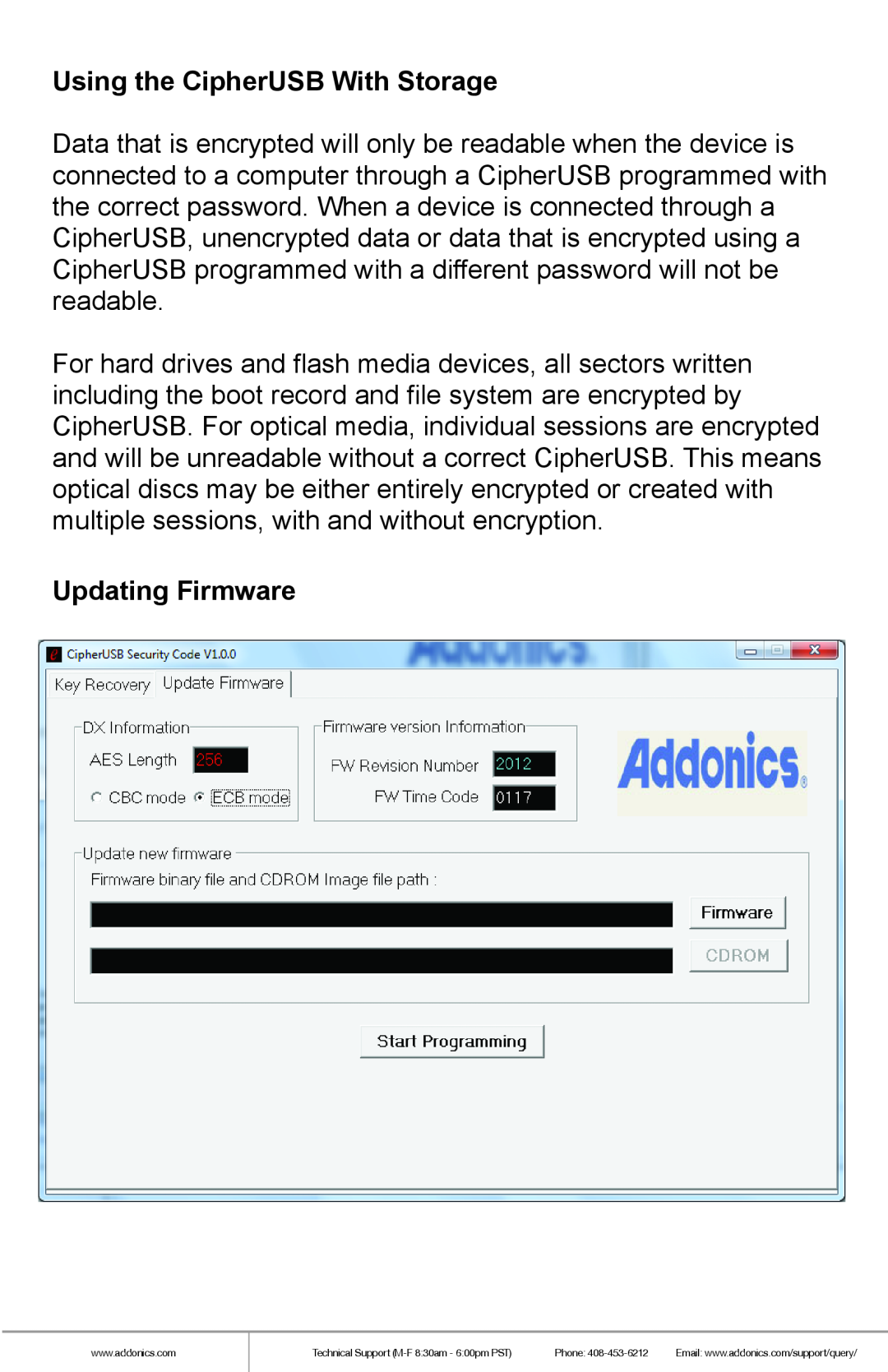 Addonics Technologies CA256USB manual Using the CipherUSB With Storage, Updating Firmware 