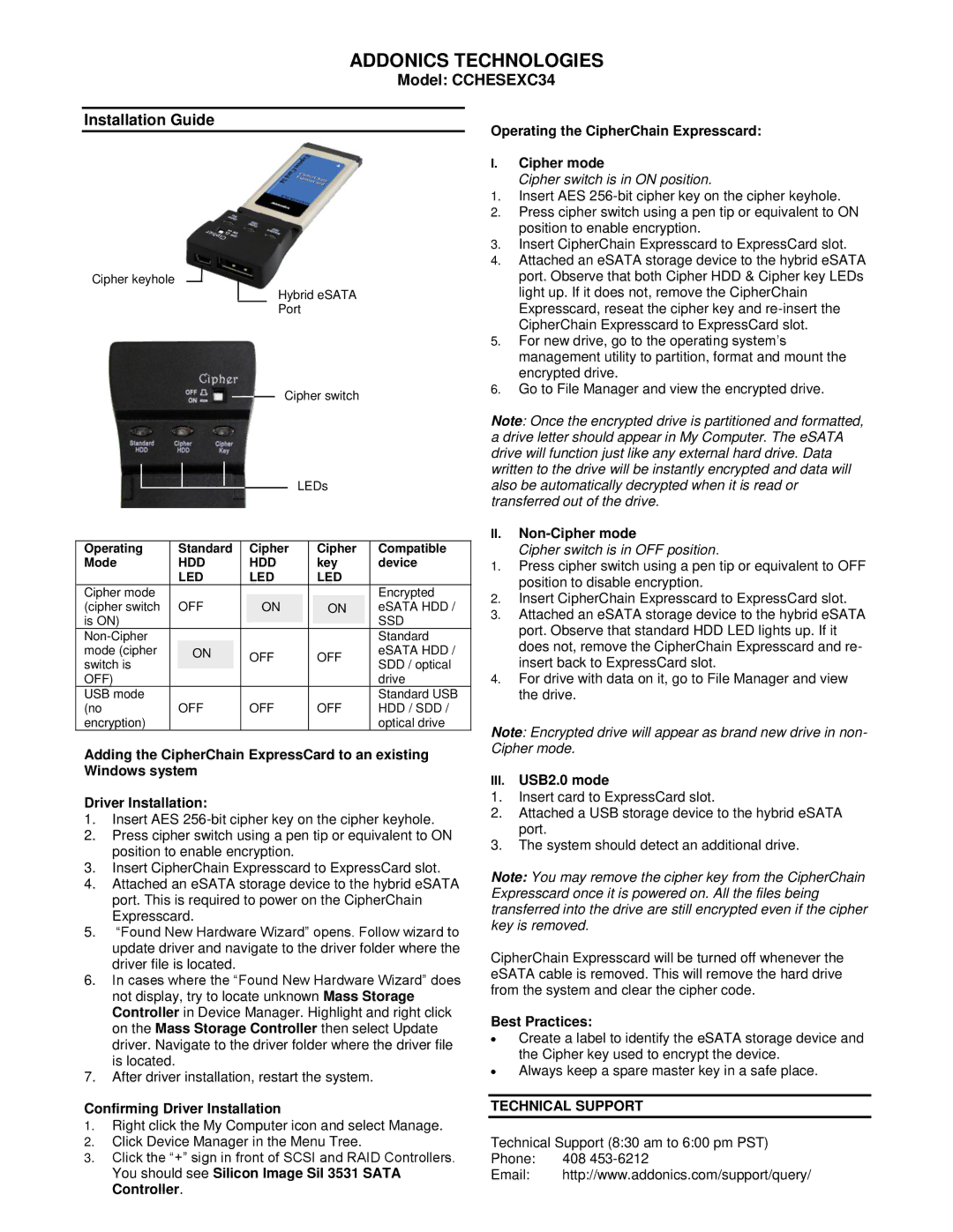 Addonics Technologies manual Addonics Technologies, Model CCHESEXC34 Installation Guide 